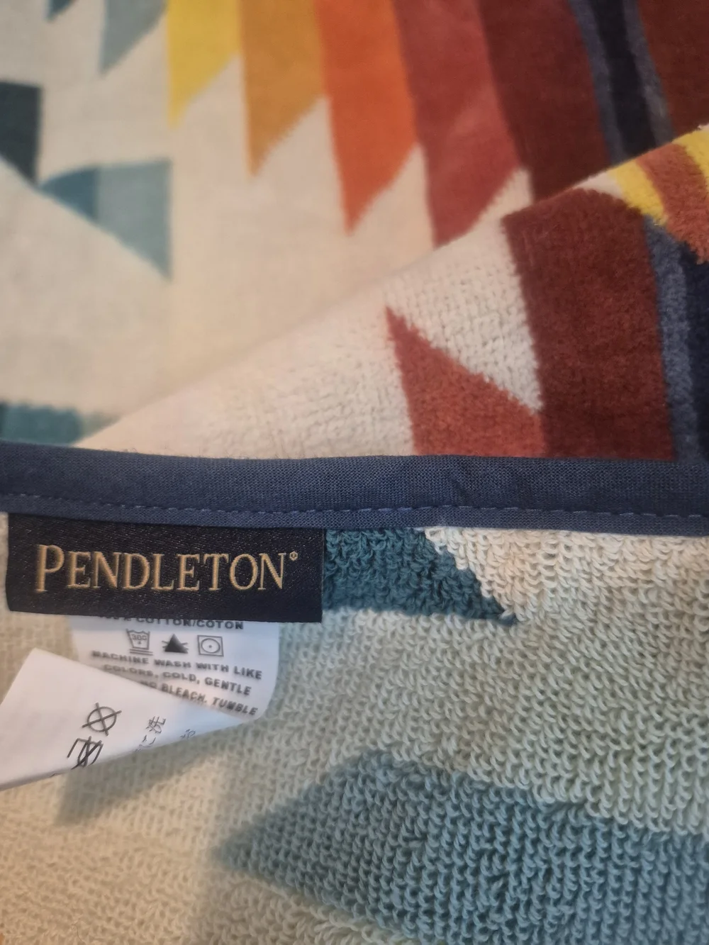 Pendleton Cream Hooded Towel with Blue, Red, Orange & Yellow Geometric Pattern